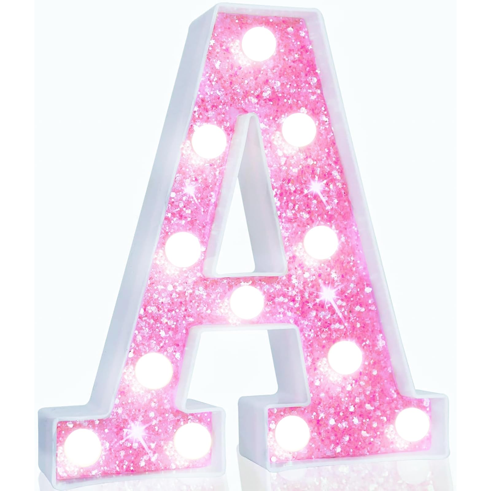 Pooqla LED Marquee Letter Lights, Light Up Letters Glitter Letter Sign Girls Gift, Battery Powered Night Light Pink Birthday Party Room Wedding Christmas Girls Bedroom Dorm Decoration, Cool White A