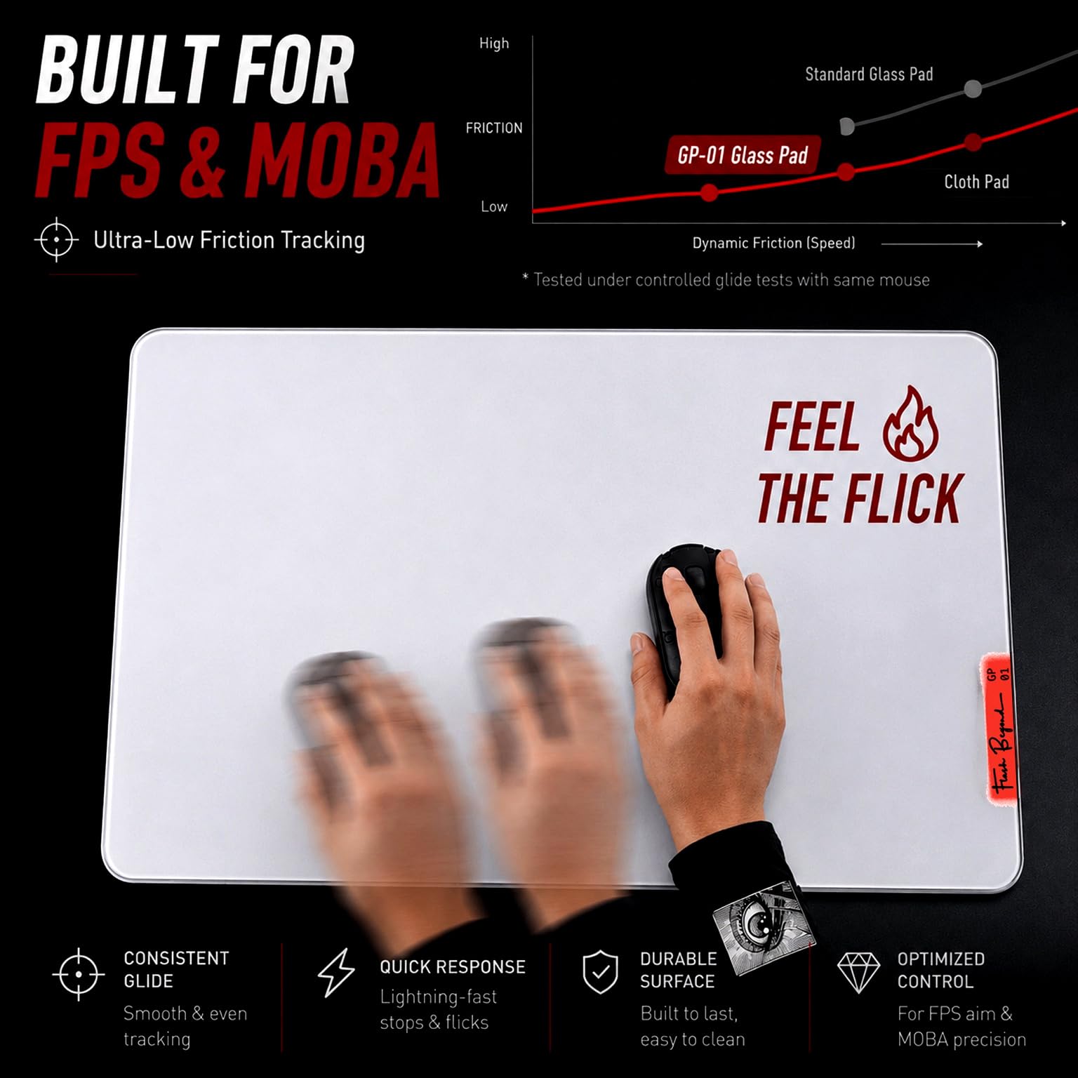 Flash Beyond Glass Gaming-Mauspad – Premium-Glas-Pad mit Rutschfester Gummiunterseite – Glatte, präzise Tracking, langlebige Oberfläche für High-Speed-Gaming, ideal für FPS-Spieler (Schwarz, Mitte 40