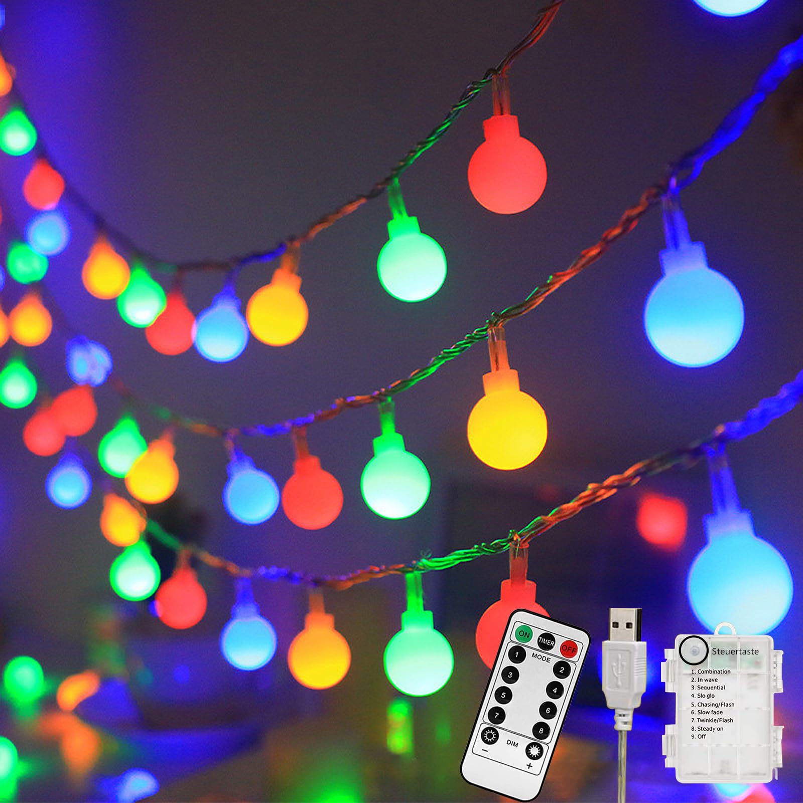 taiyongkang Lichterkette Batterie mit USB 13M 100LEDs Bunt Außen Innen Fernbedienung 8 Modus Wasserdicht Weihnachtsbeleuchtung für Hochzeit Wohnzimmer Camping