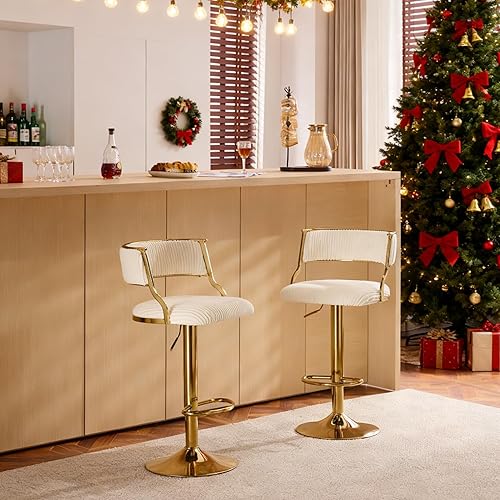 Miniatura 3 de Karl home Juego de 2 taburetes de bar, taburetes de bar giratorios, tela de pana blanca ajustable en altura, taburete moderno sin brazos con Beige