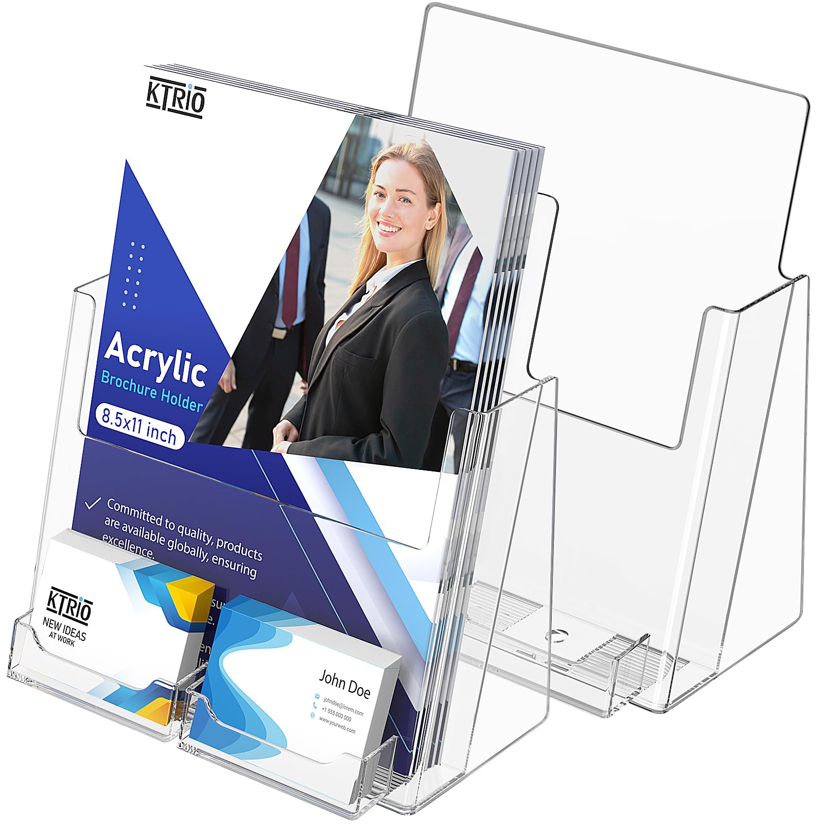 KTRIO Acrylic Brochure Holder 8.5x11 Inches with Business Card Holder 2 Pack, Clear Plastic Brochure Display Stand for Pamphlets, Magazine, Flyers,