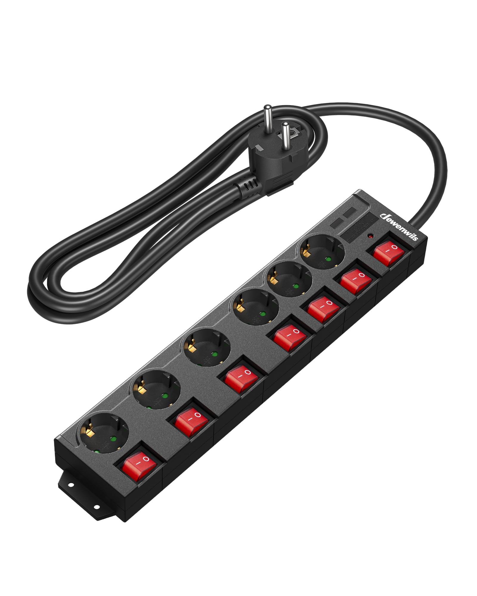 DEWENWILS Regleta Conmutable Individualmente, 6 Interruptor con Protección contra Sobretensiones, Montaje en Pared, Protección Infantil, Girado 90°, 2M,Negro Global Recycled Standard Global Recycled Standard Global Recycled Standard