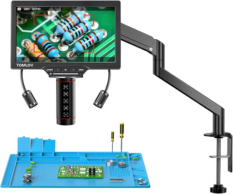 TOMLOV Autofocus Digital Soldering Microscope, 10.1" TM3K-AF Max Coin Scope | HDMI 3K 38MP Full Coin View Magnifier, Flex Arm Stand, IPS Screen, Side Lights, Repair Mat, DIY Grid Line, Split Screen, 16G