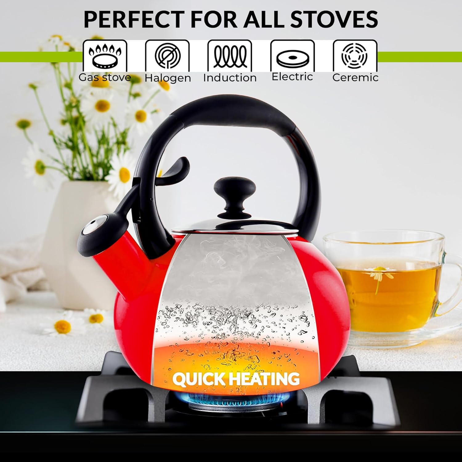 Chantal 1.8 QT Kettle, Buttons Series, Premium Enamel on Carbon Steel, Whistling, Even Heating & Quick Boil (Red)