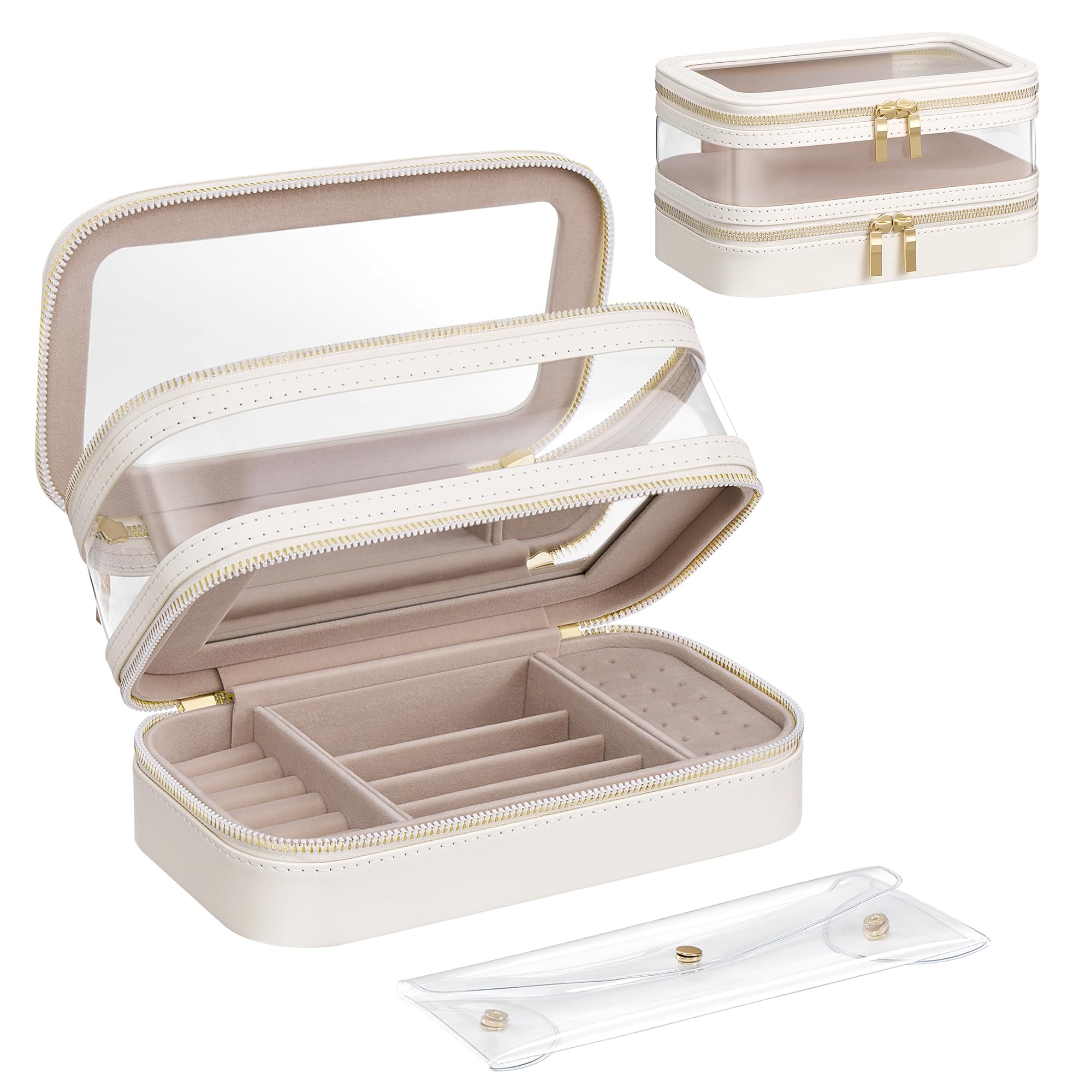 SONGMICS Neceser de Maquillaje, con Estuche para Joyas, Neceser de Viaje, con Bolsa Separada para Brochas, Ventana Transparente, Espejo, 22 x 12 x 12 cm, Idea de Regalo, Blanco Nube JKA026W01