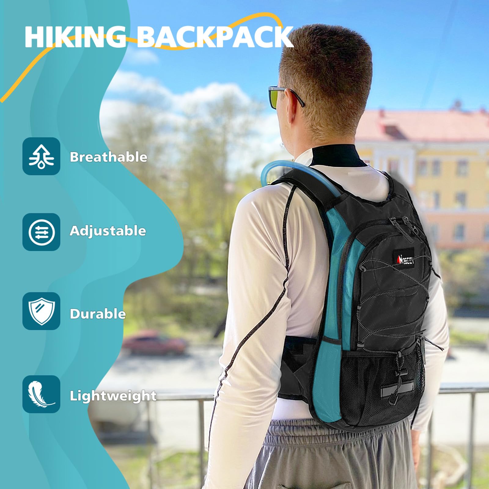 Sac à dos d'hydratation isotherme avec poche d'hydratation de 2 L, sac à dos de randonnée pour homme, femme, enfant, sac à dos d'eau pour randonnée, course à pied, cyclisme, camping