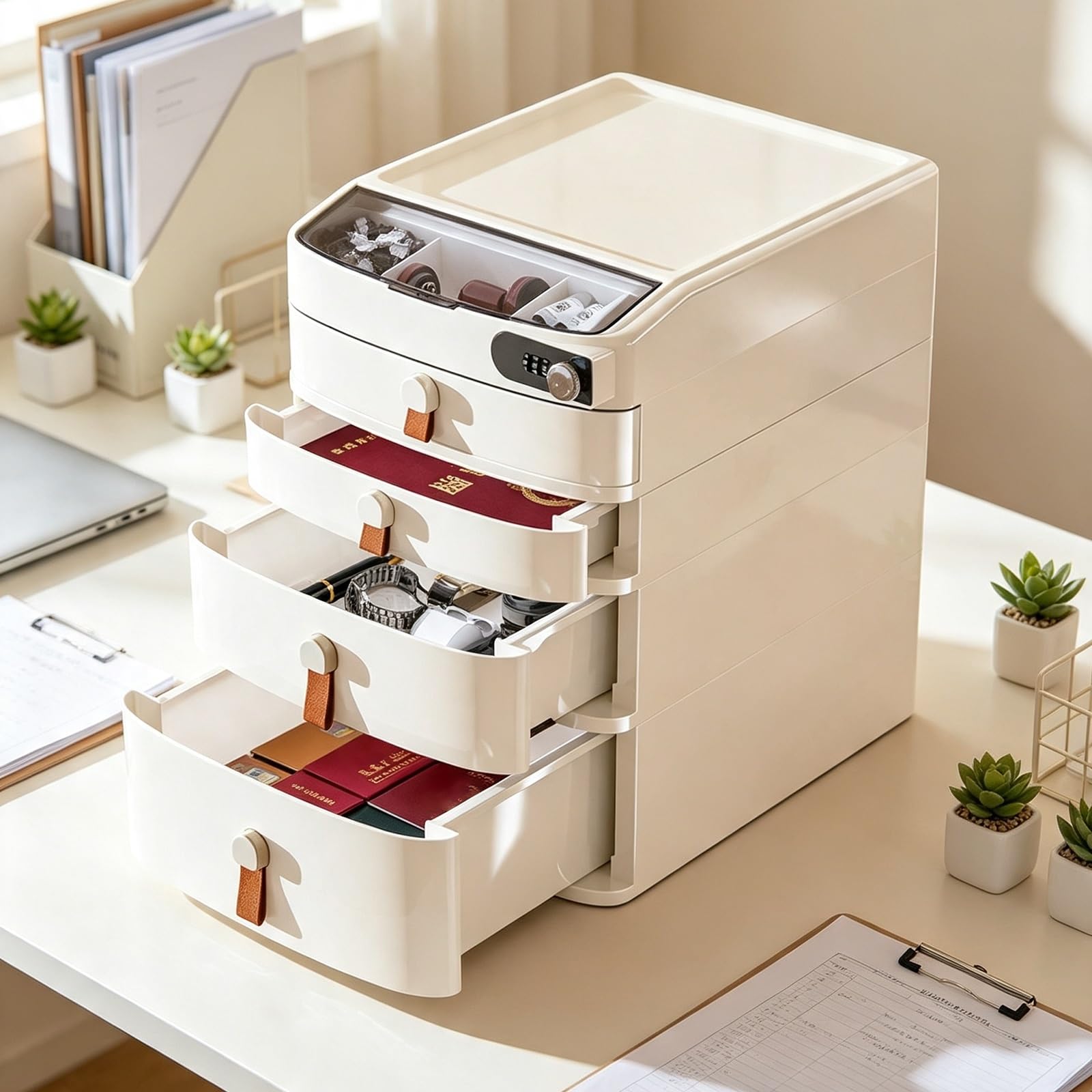 Archivador De Escritorio Con Cerradura Combinada, Archivador Con Cajón | Organizador De Almacenamiento De Documentos A4 De Gran Capacidad, Para Uso Financiero De Oficina Y Escuela(3-layers)