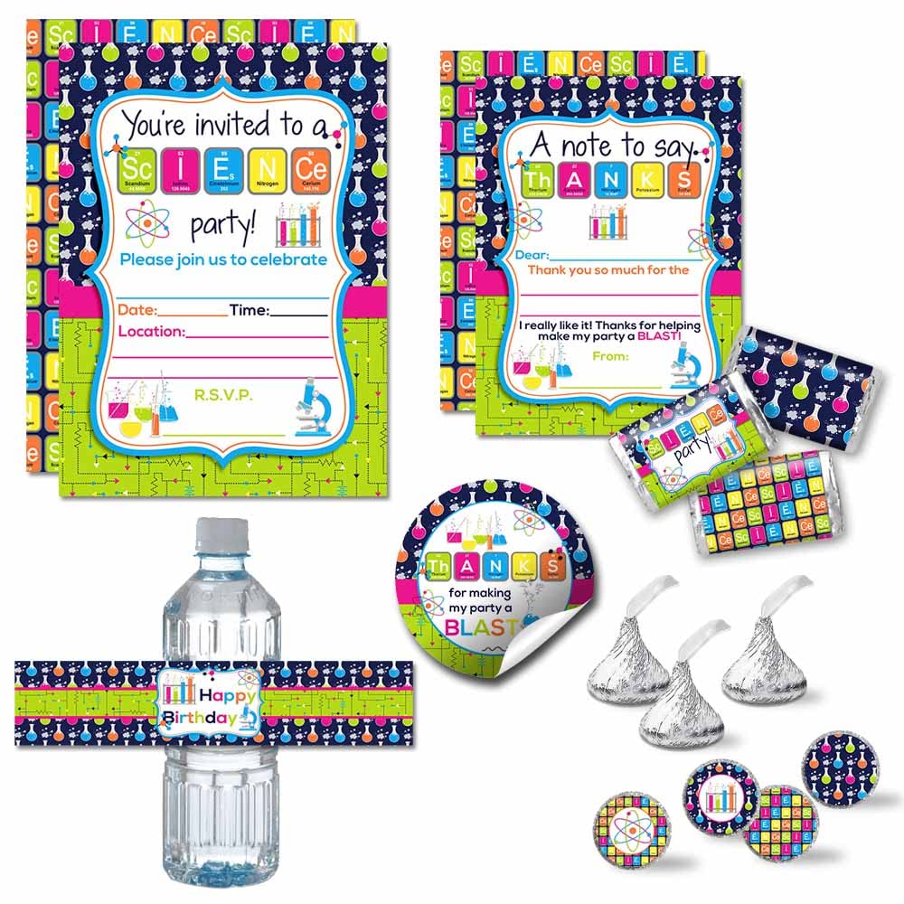 Deluxe Science Lab Birthday Party Bundle Includes 20 each of Invitations & Thank You Cards with Envelopes + 2 Different Sizes of Stickers, Mini Candy Bar Wrappers, & Water Bottle Labels!