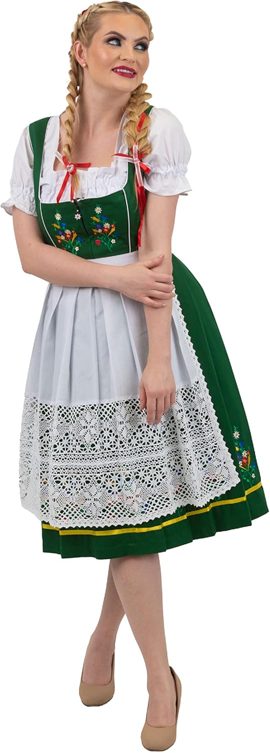 Dirndl Trachten Haus 3-Piece Long Mid Calf Green German Embroidered Oktoberfest Dirndl Dress - Image 3
