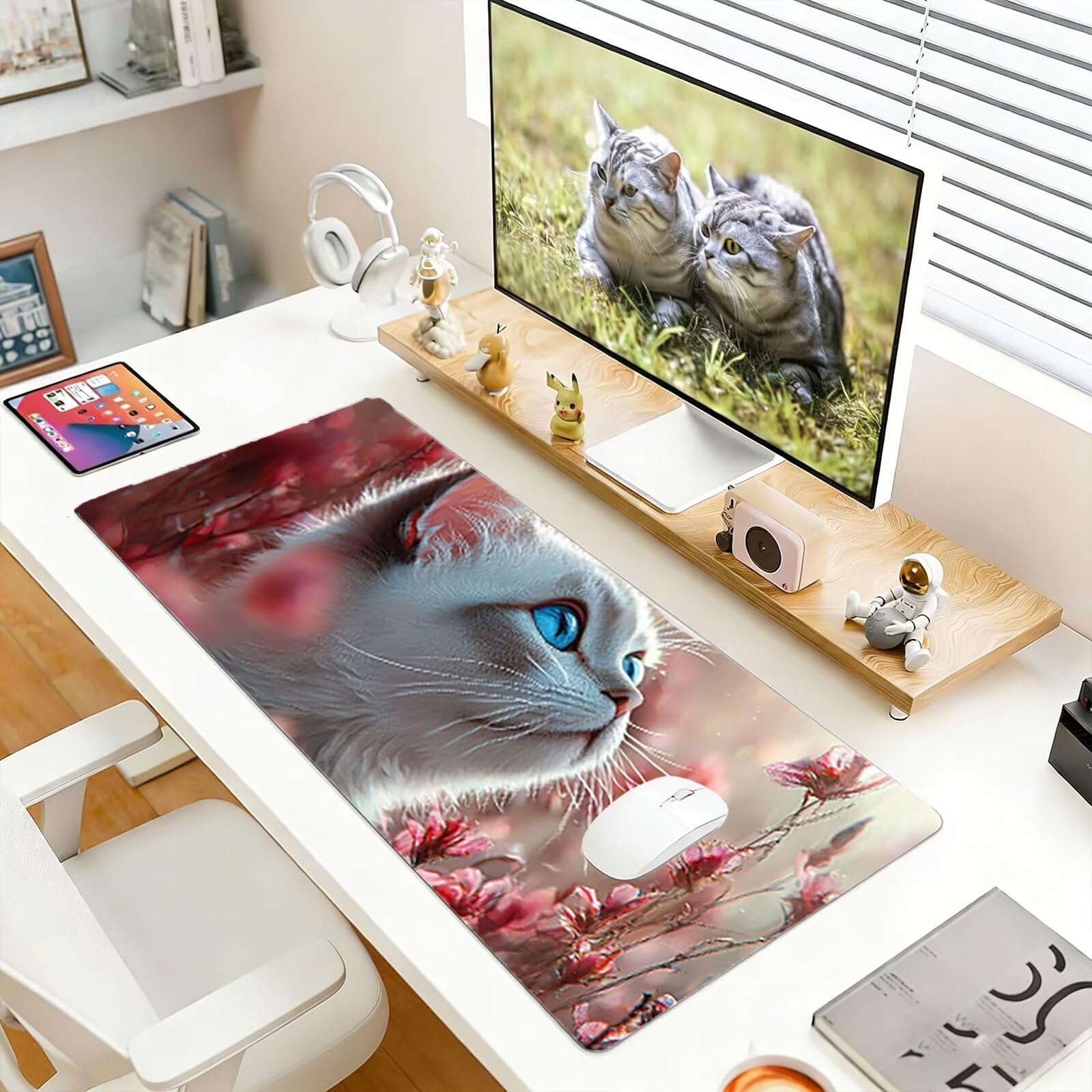 Alfombrilla Ratón Gaming XXL, 90x180cmx3mm, Impermeabile Mousepad, Base Antideslizante de Caucho, Bordes Cosidos, Escritorio Pad, Oficina Regalos, Gato Blanco con Flores En Polvo D7YY-273