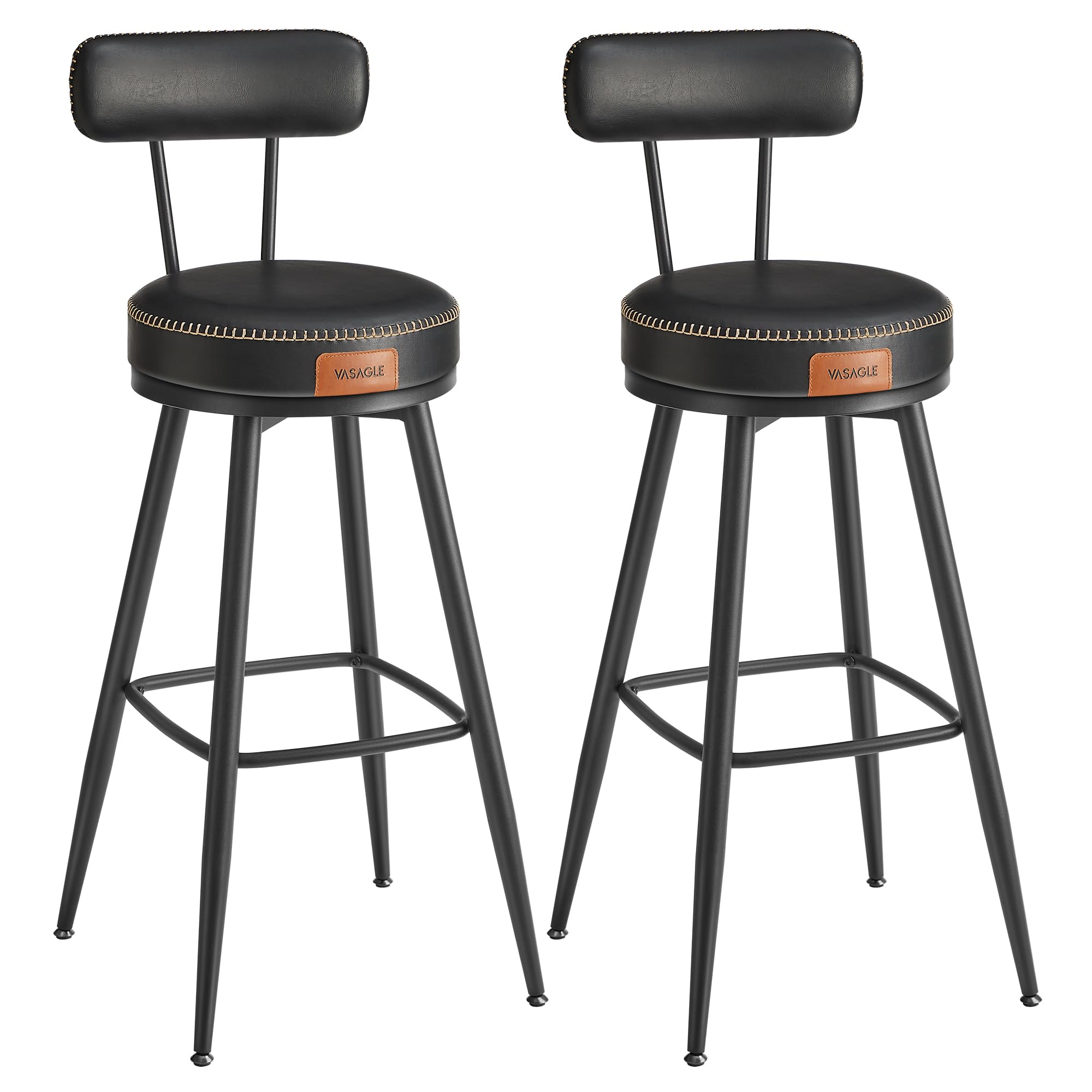 VASAGLE EKHO Colección - Juego de 2 Taburetes de Bar, Sillas Giratorias de Barra con Respaldo, Cuero Sintético con Costuras, Moderno Siglo Medio, Altura 76 cm, Barra Cocina, Negro Tinta LBC889B01