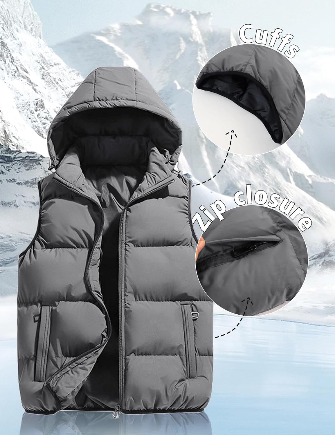 Gihuo Mens Puffer Vest with Hood Zip Up Quilted Hooded Vest