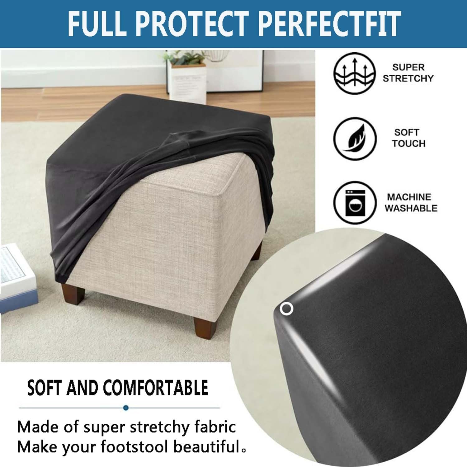 Copri Pouf Elasticizzato Hoowarm | Velluto Jacquard Morbido | Lavabile, Taglia 65x65cm | Vari Colori