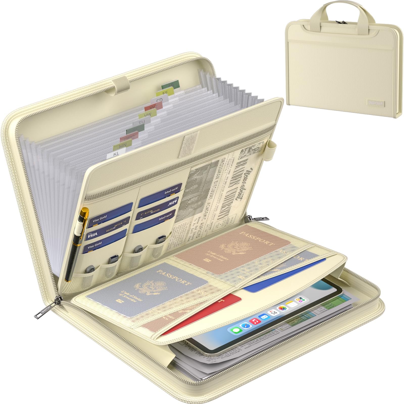 Accordion File Organizer,Fireproof Expanding File Folder with Multi Pockets,13 Pockets Document Organizer Bag with Handle & Labels,Portable Home Travel Safe Storage for Letter A4 Files,Beige