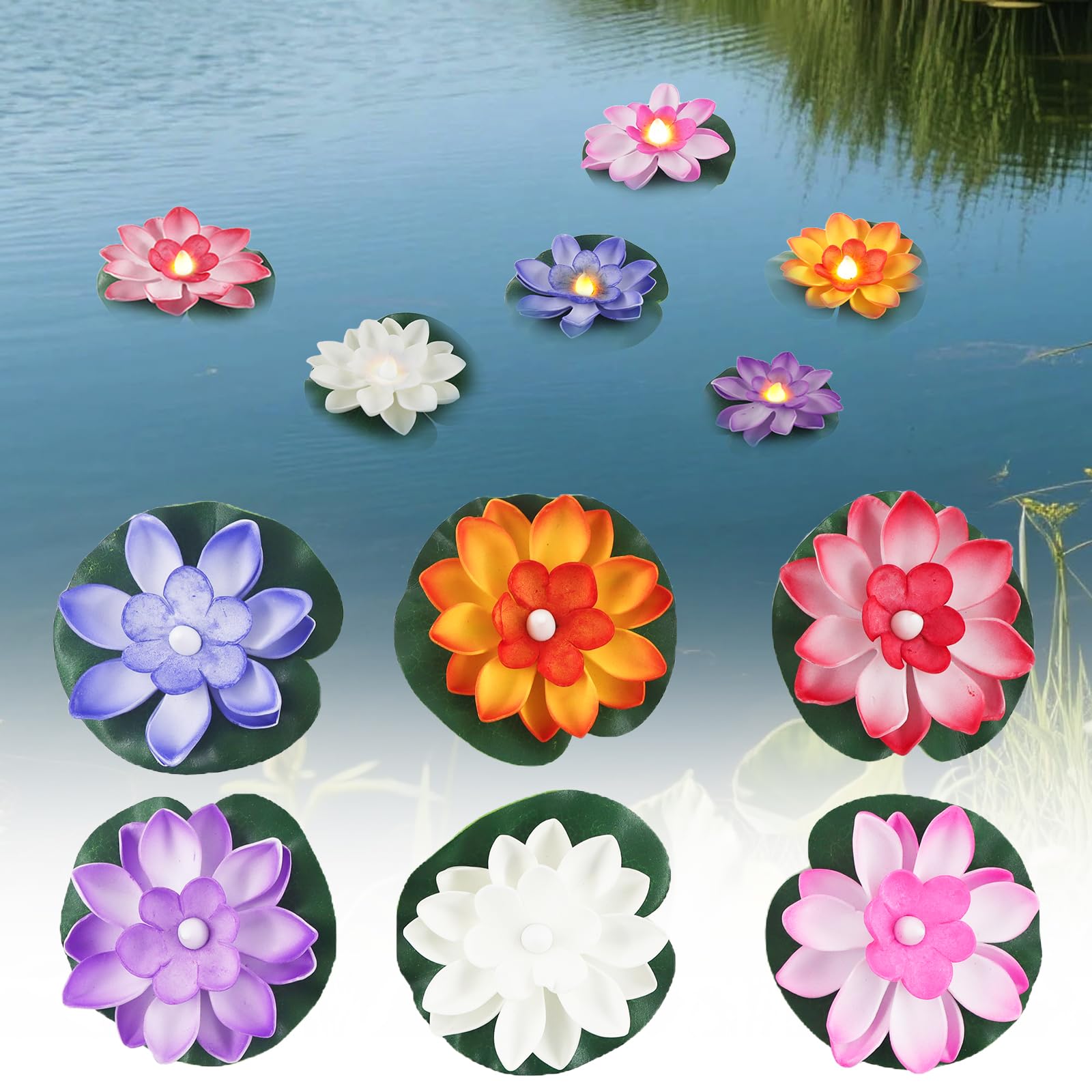 Confezione da 6 fiori galleggianti a LED, lanterna galleggiante con ninfee artificiali, fiori galleggianti, fiori di loto galleggianti, ninfee di fiori di loto, per laghetto da giardino, patio