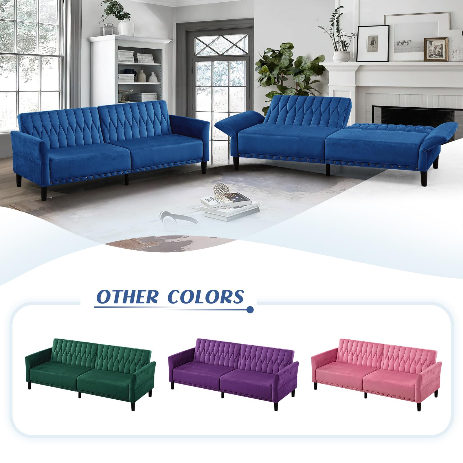 77” Velvet Sofa Bed with Adjustable Armrests and Backrests, Blue | Tufted Convertible Futon Couch with Nailhead Trim, Loveseat Modern Velvet Sleeper Sofa for Living Room,Bedroom,Office