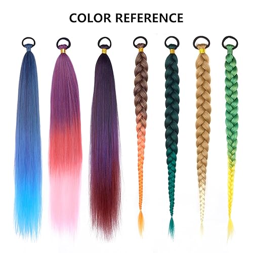 Miniatura 6 de Paquete de 2 extensiones de cola de caballo rosa con lazo elástico, recto, elegante cola de caballo trenzada, color rojo degradado, 26 pulgadas