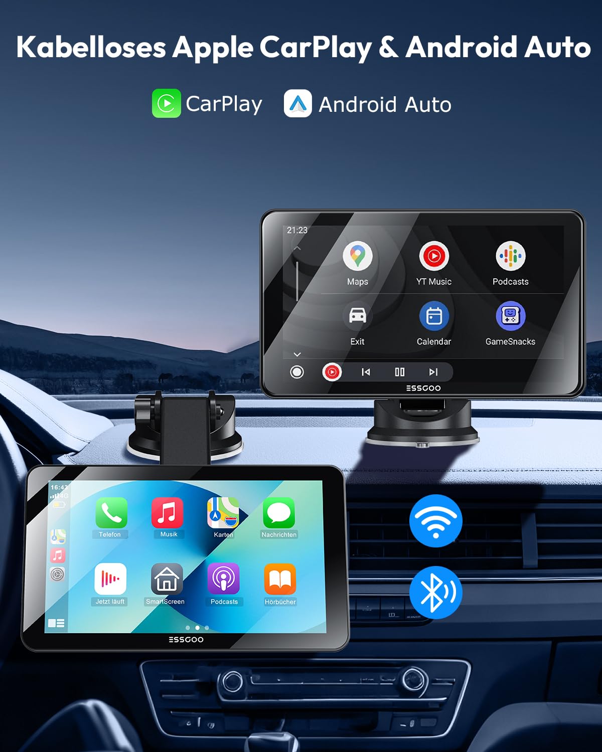 ESSGOO Carplay Android Auto Display mit Rückfahrkamera,7 Zoll Carplay Bildschirm für Apple/Android Auto/AirPlay/Mirror Link,Wireless Touchscreen GPS Navigation,mit Bluetooth5.3,AUX,FM,Sprachassistent