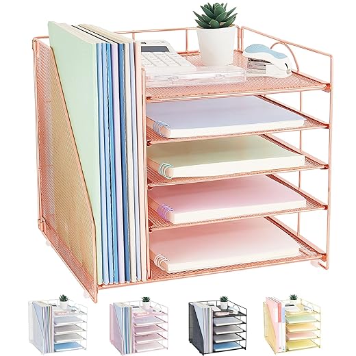 Desk Organizers and Accessories, 5-Tier Paper Letter Tray Organizer with File Holder, Desktop Organizer for Office Supplies, Office Desk Accessories & Workspace (Rose Gold)
