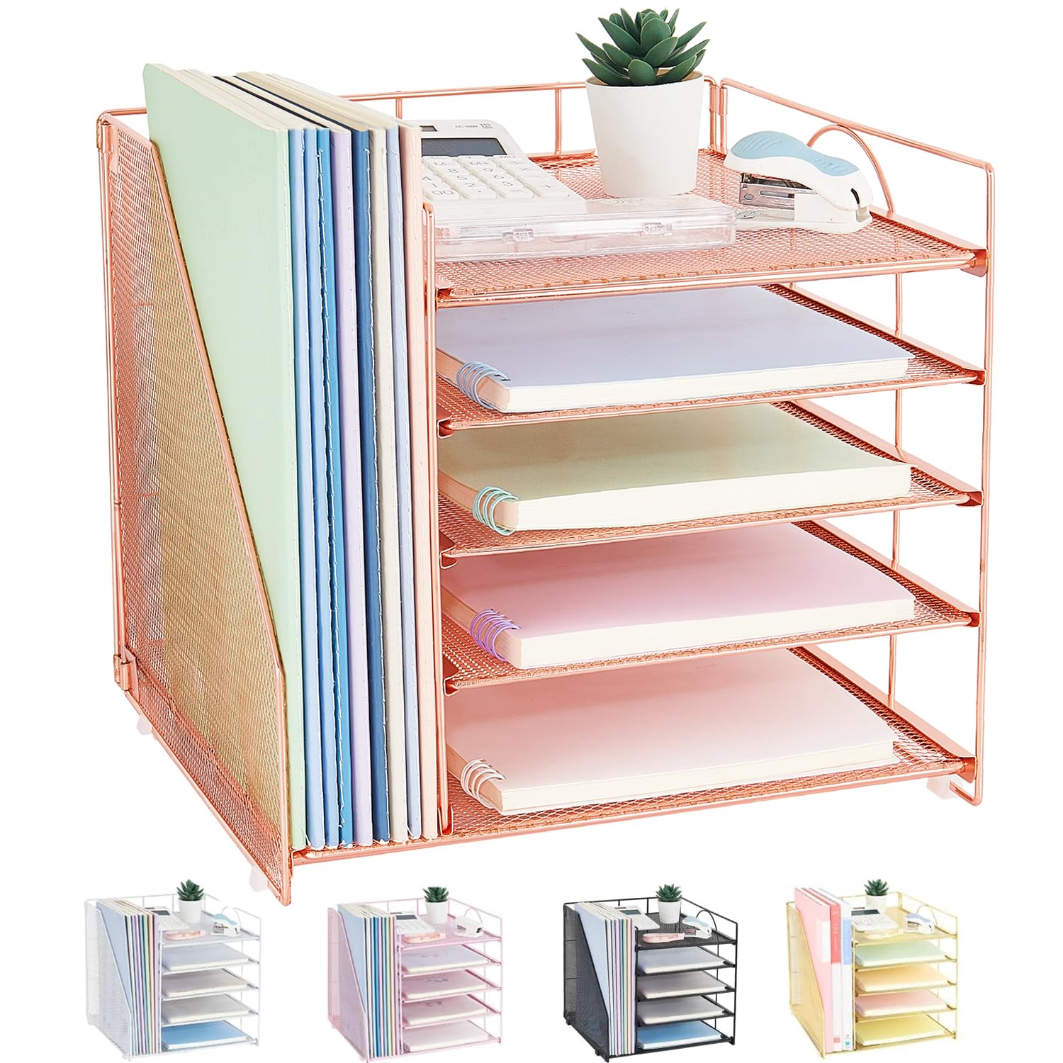 LEKETREE Desk Organizer with 5-Tier Paper Letter Tray and File Holder, Desktop Accessories for Office Supplies & Workspace (Rose Gold)