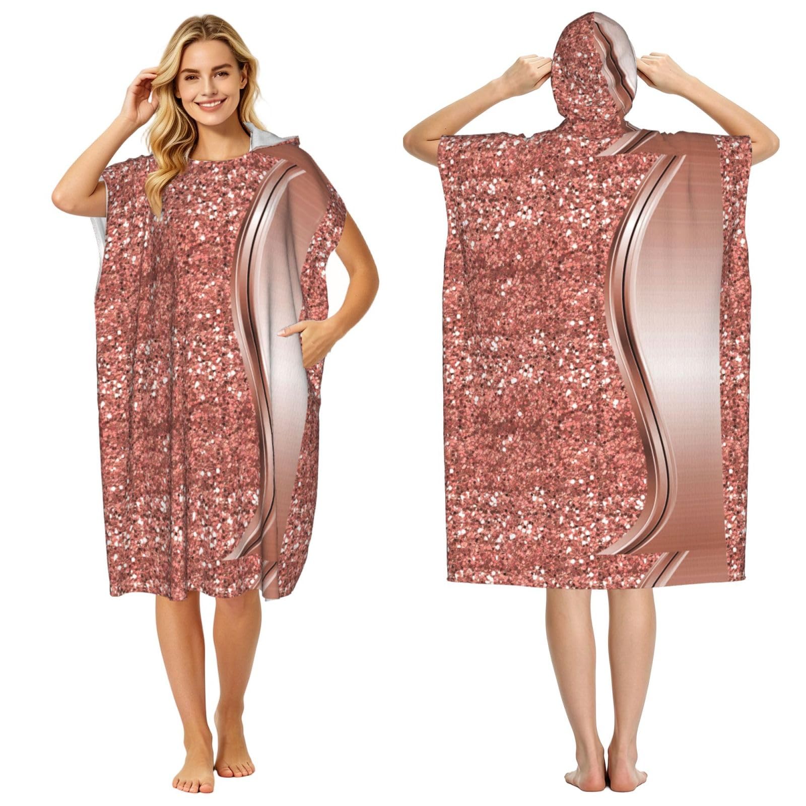 Poadnly Rose Gold Sparkle Glam Bling, Adult Hooded Beach Towel 90 x 110 cm,Changing Bath Robe, Surf Poncho Towel For Women Men