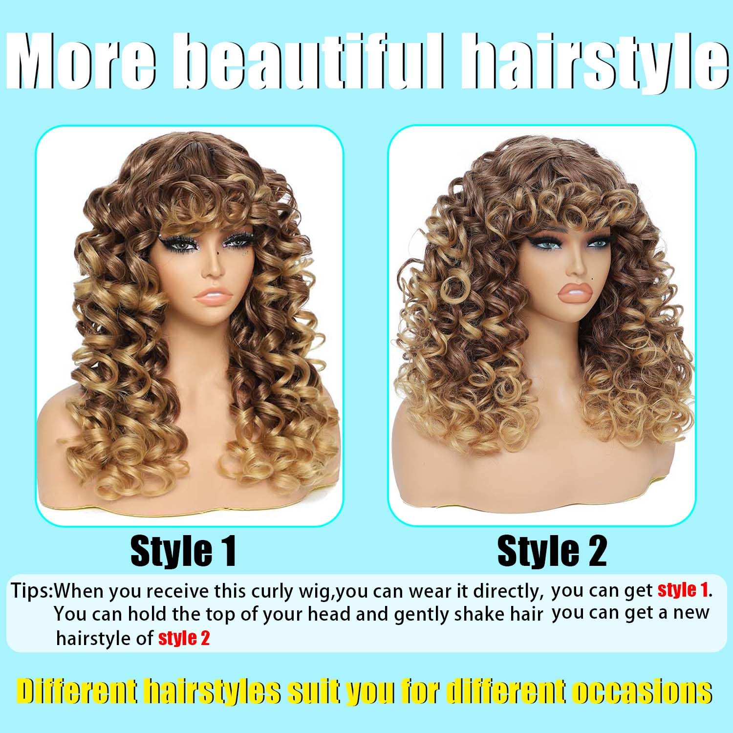 GKtineke-Curly-Wig Big-Curly-Wigs-for-White-Black-Women 20 Inch- Long-Curly-Wig-with-Bangs Synthetic-Hair-Replacement-Wigs-for- Cosplay and Daily (): Ombre Blonde