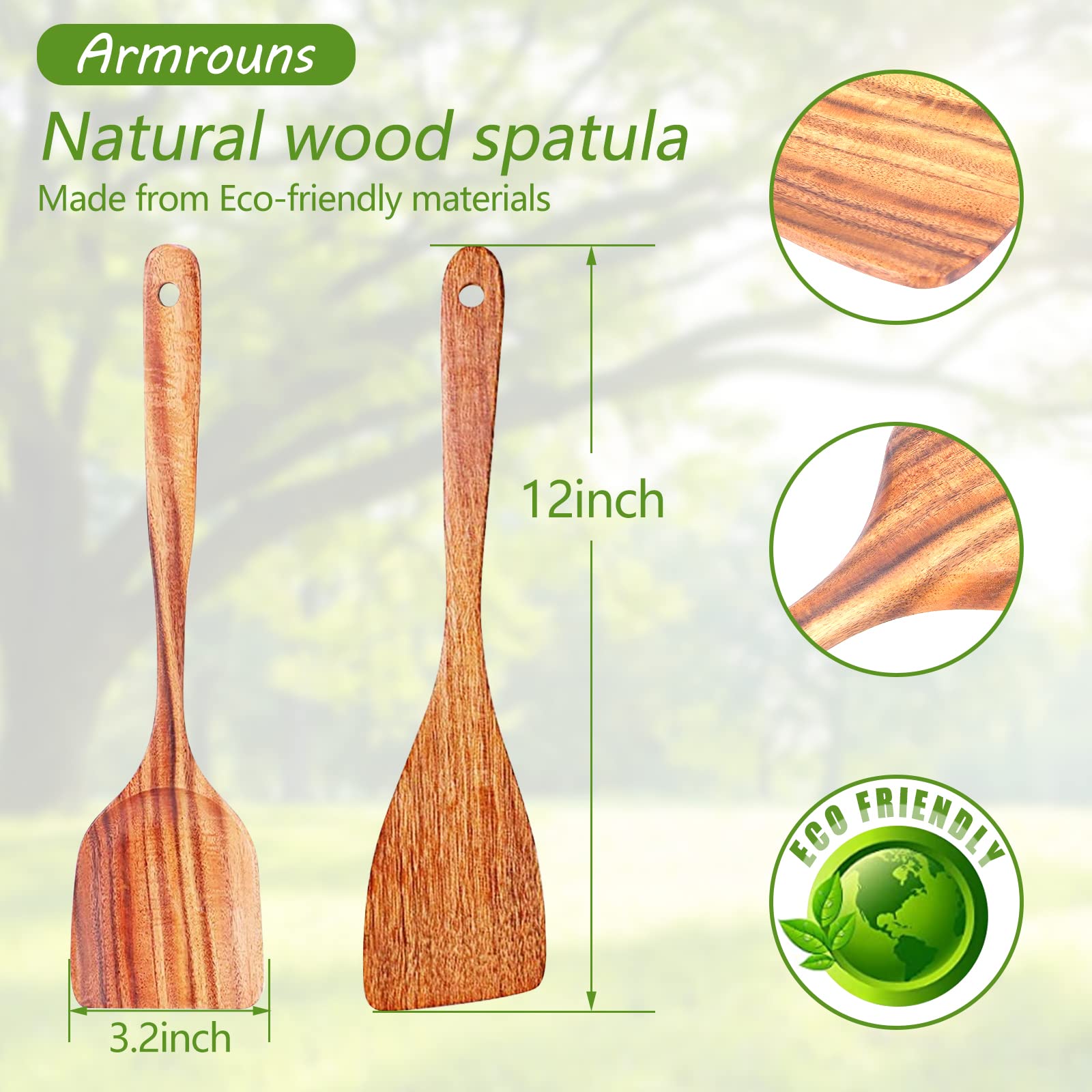 Armrouns Wooden Spatula Turner For Cooking 2-Pack set, Natural Wooden Cooking Utensils Kitchen Spatulas (15.6
