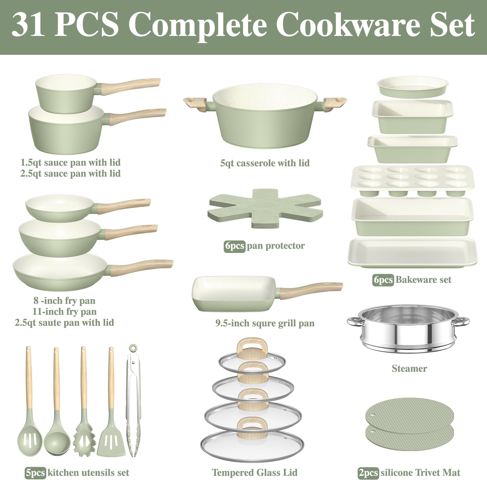 Pots and Pans Set Nonstick, Umite Chef 31-Piece Induction Cookware & Bakeware Set with Frying Pans, Saucepan, Grill Pan, Baking Sheet & Utensils, PFOA-Free Kitchen Starter Set (Sage Green) view 2
