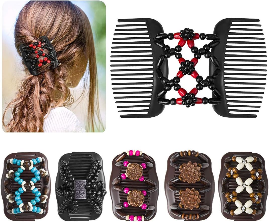6 Pieces Beads Hair Combs Magic Elastic Hair Double Clips for Women Girls Hair Accessory DIY Hair Styling Tool