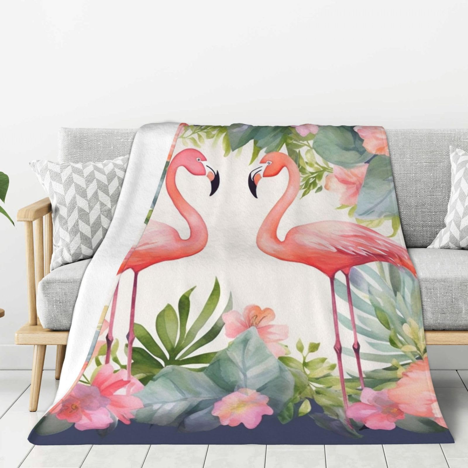 Flamingos and Flowers Throw Blanket Plush Flannel Fleece Blanket, Soft Lightweight Cozy Blankets 80"X60" for Bed Couch Sofa Travel