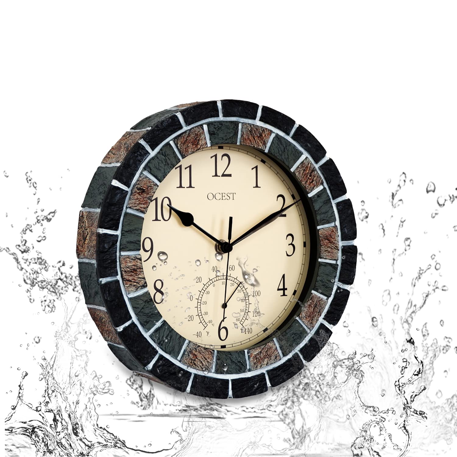 OCEST Horloges de jardin étanches de 26,7 cm, thermomètre, silencieuses, sans tic-tac, à piles, horloges murales rétro décoratives pour piscine, cuisine, terrasse