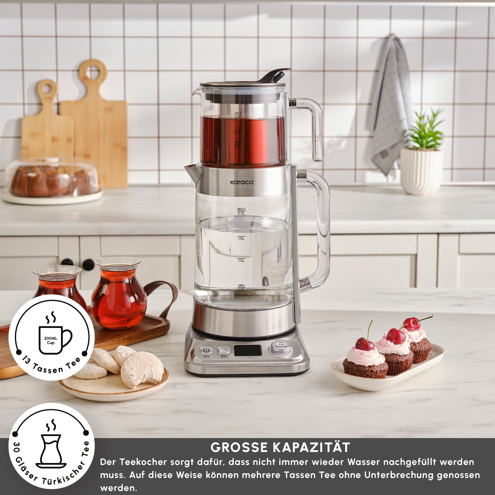 Karaca X Refika XL Tetera automática & Caydanlik, hervidor de agua de 2 L y tetera de cristal de 0,8 l, multitemperatura, modo ecológico, 2200 W, tetera para familia e invitados, cromo