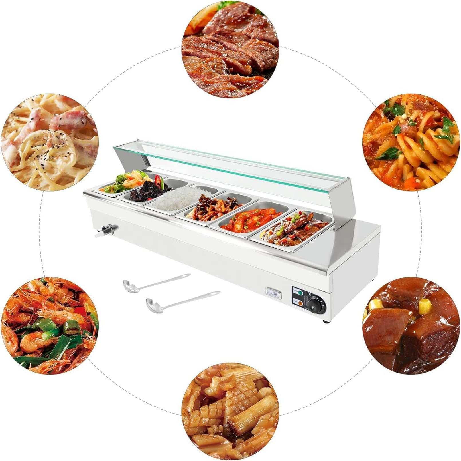 Calentador de alimentos, 6 sartenes 1/3 GN, mesa de vapor eléctrica comercial de acero inoxidable, 1200 W, 19 cuartos de galón con protector de vidrio templado