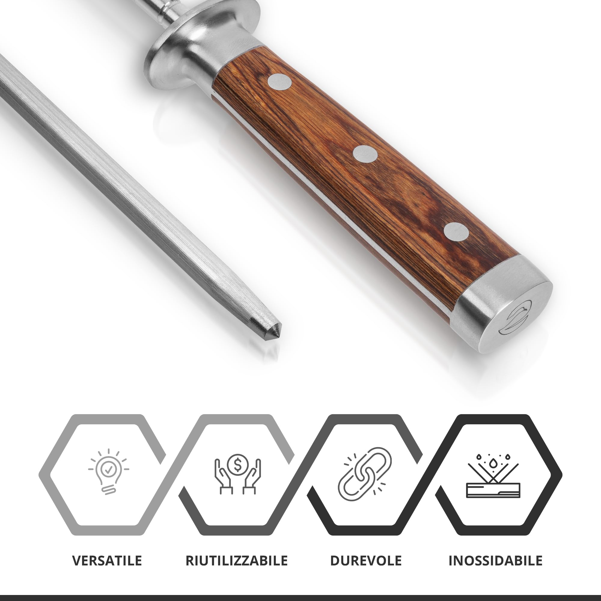 ECENCE Acciaino Affilacoltelli, Affilatore professionale di coltelli in acciaio inossidabile (65HRC), asta di affilatura con impugnatura in legno, 39cm Argento