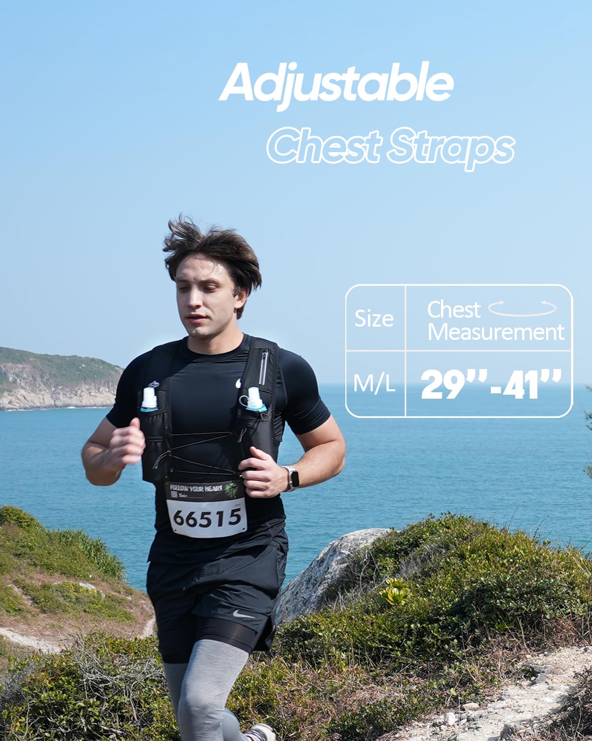 Zelvot Chaleco para correr para hombre y mujer con botella de agua de 500 ml, patente original europea, correas de pecho ajustables, ultraligero y transpirable, chaleco reflectante para correr, para