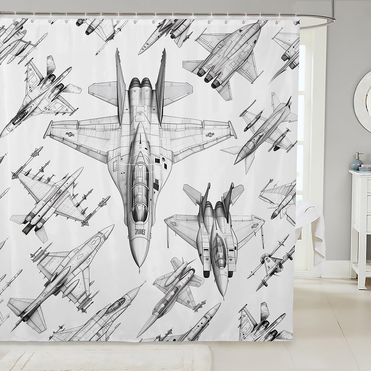 Aircraft Shower Curtain,Sketch 3D Airplane Bathroom Curtain for Kids Boys Teens Men Room Decor,Black and White Airplane Print Waterproof Curtain Flying Games Theme Bath Curtain,12 Hooks,72" Wx84 L