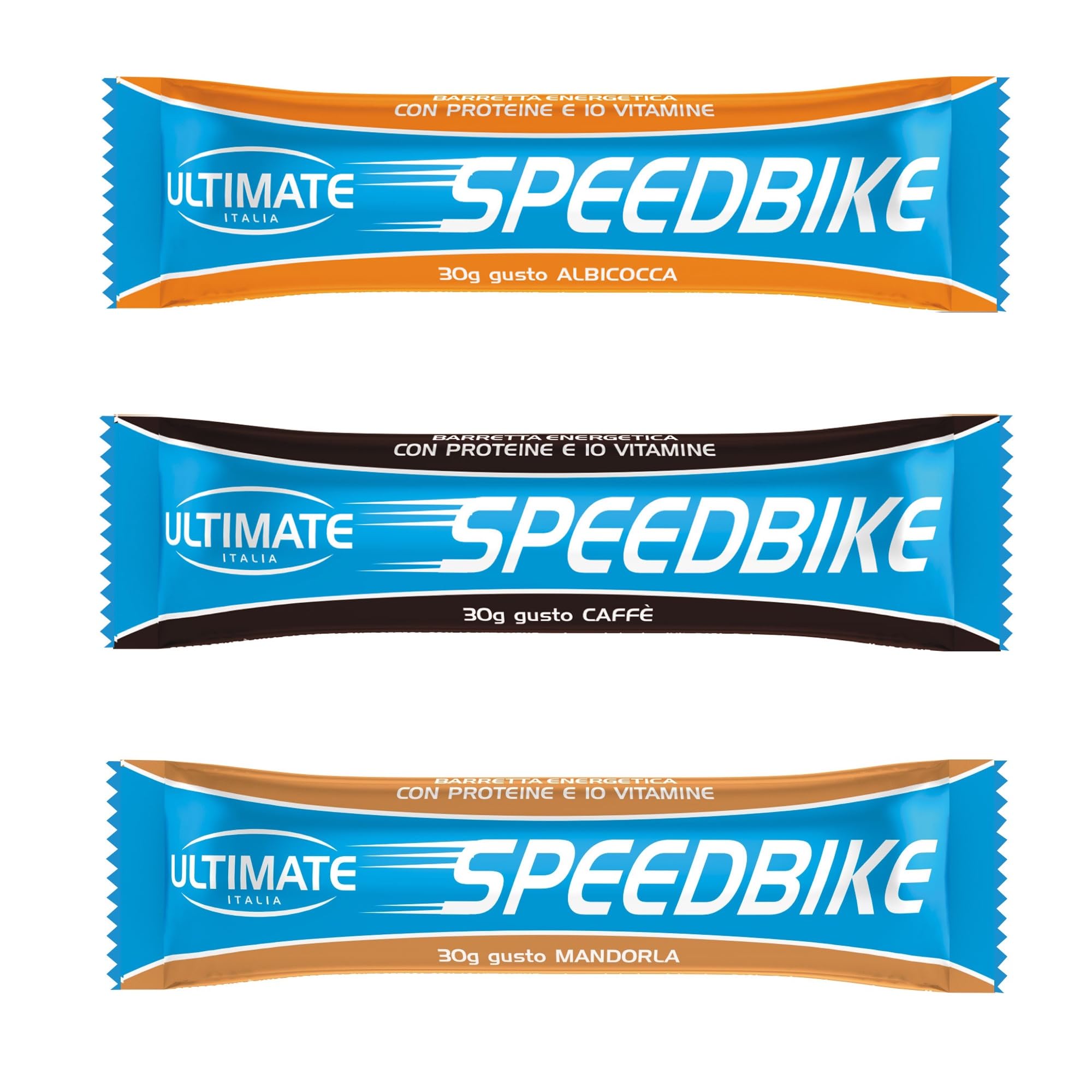 Ultimate-Italia | Speed Bike Bar | Box da 30 barrette energetiche da 30gr con proteine e vitamine, assortite nei gusti Albicocca, Caffè, Mandorla
