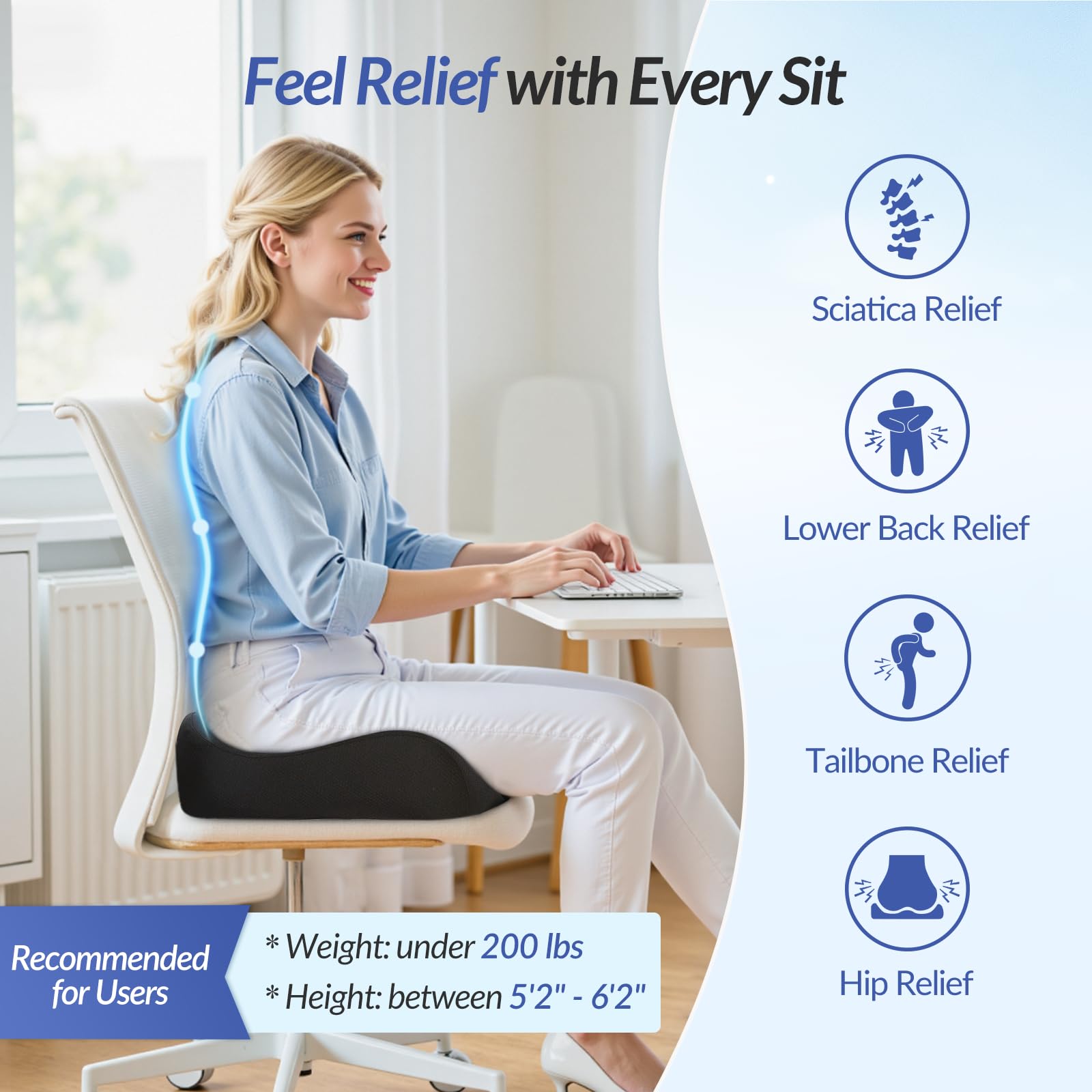 ZIKEE Pioneering Seat Cushion for Pressure Relief Ergonomic Office Chair Cushion for Sciatica Back Hemorrhoids Tailbone Pain Relief — view 2