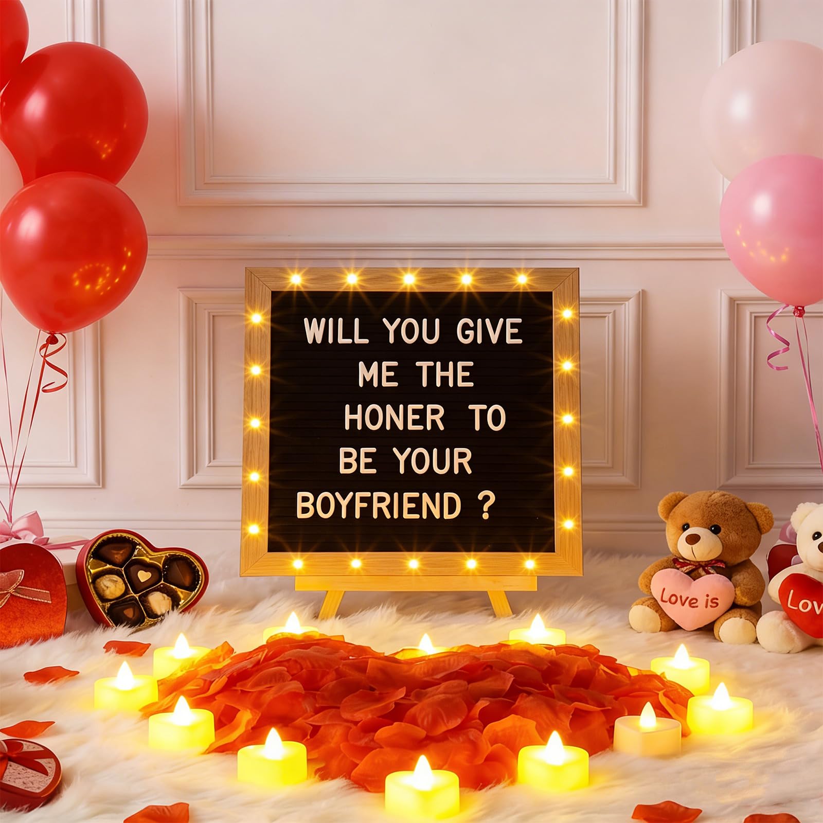 Ceenna Romantische Nacht Geschenkset Schwarz Will You Be My Girlfriend Schild Brief Board Künstliche Rosenblätter LED Kerzen Buchstaben Symbole für Valentinstag Jubiläum Geburtstag Hochzeit