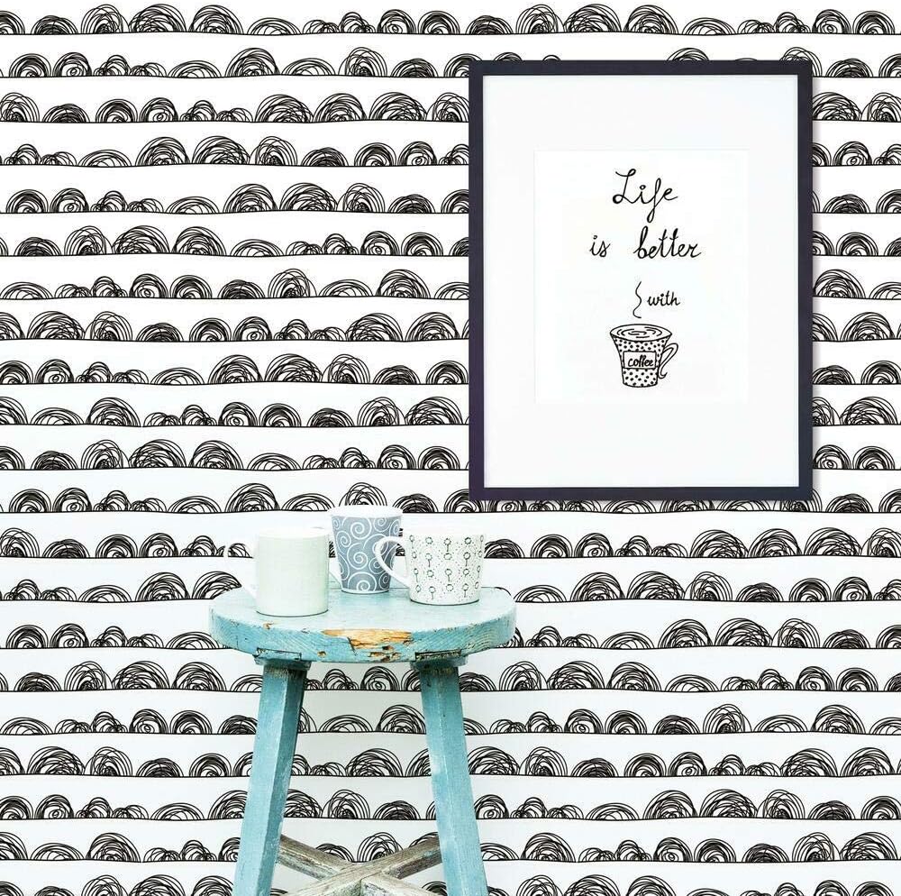 RoomMates RMK11815WP Doodle Scallop Peel and Stick Wallpaper, Black and White