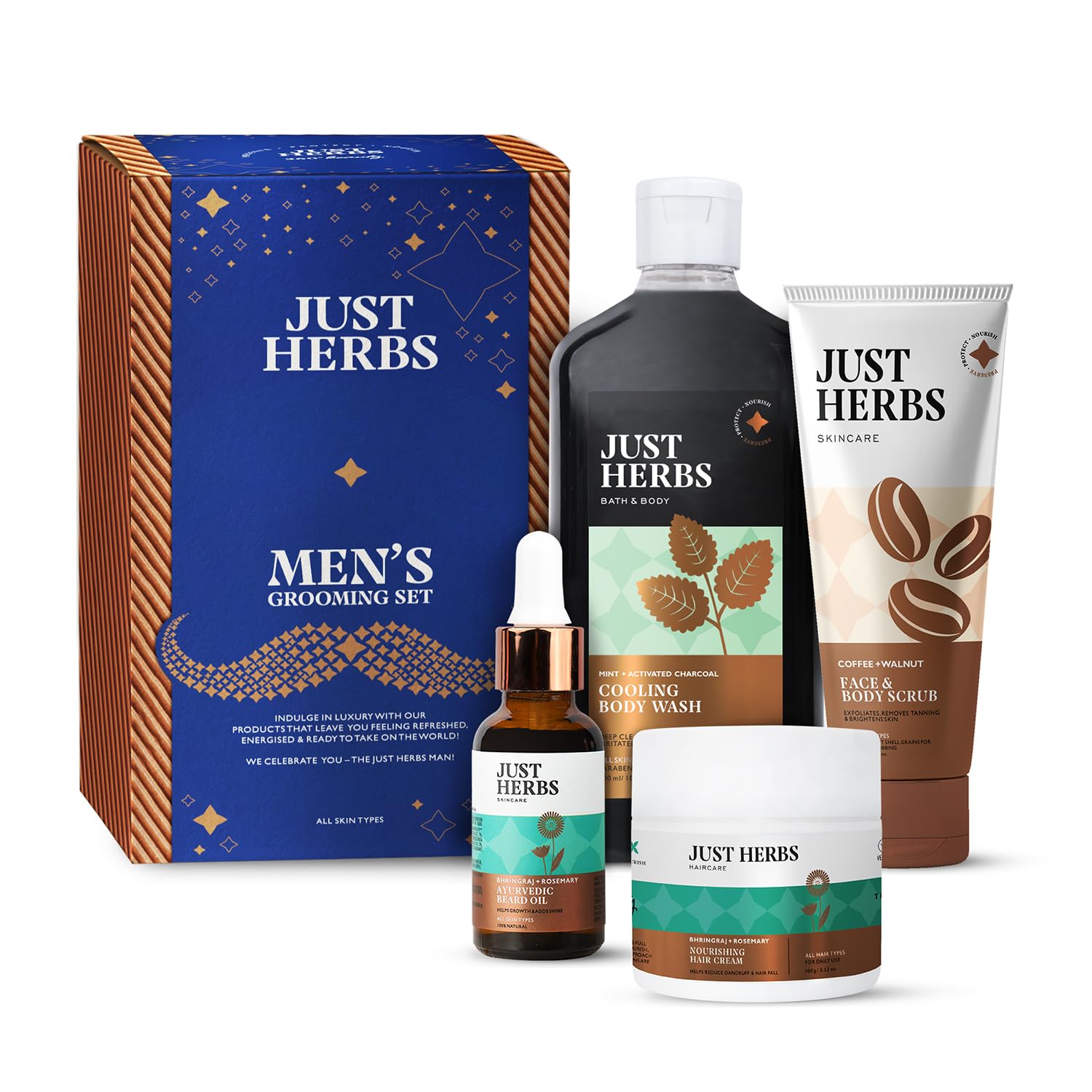 Just Herbs Grooming Kit for Men – Face and Body Scrub, Charcoal Body Wash, Rosemary Beard Oil & Hair Serum Combo Set Just Herbs Grooming Kit for Men – Face and Body Scrub, Charcoal Body Wash, Rosemary Beard Oil & Hair Serum Combo Set