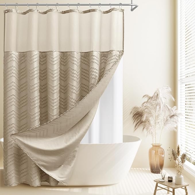 Tan Shower Curtain with Snap in Liner Tufted Chevron