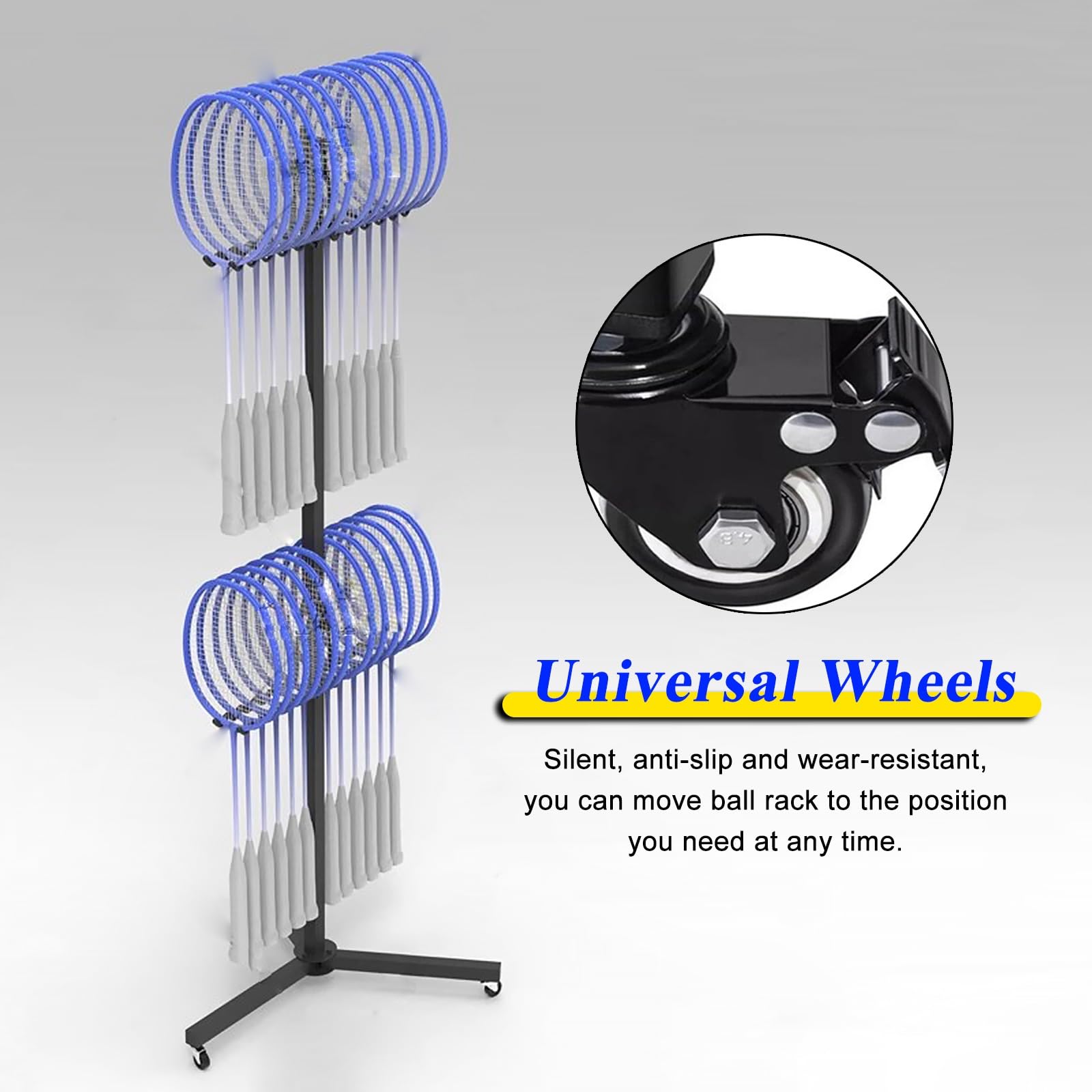 Organizador vertical de raqueta de pie de gran capacidad, ahorro de espacio para raquetas de tenis y bádminton con ruedas, gimnasio y club