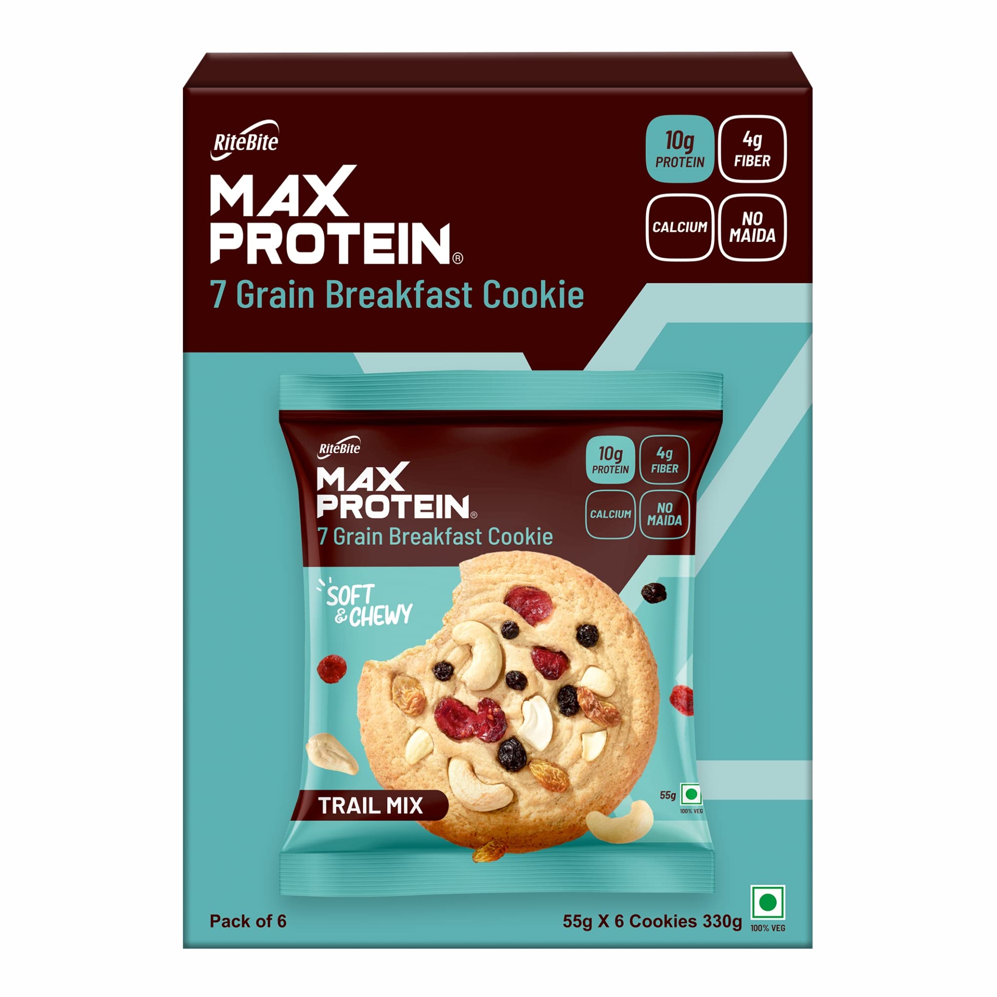 RiteBite Max Protein Trail Mix Cookies with 10g Protein, 4g Fiber | No Madia, GMO Free, No Preservatives 7 Grain Breakfast Cookies, 55g (Pack of 6)