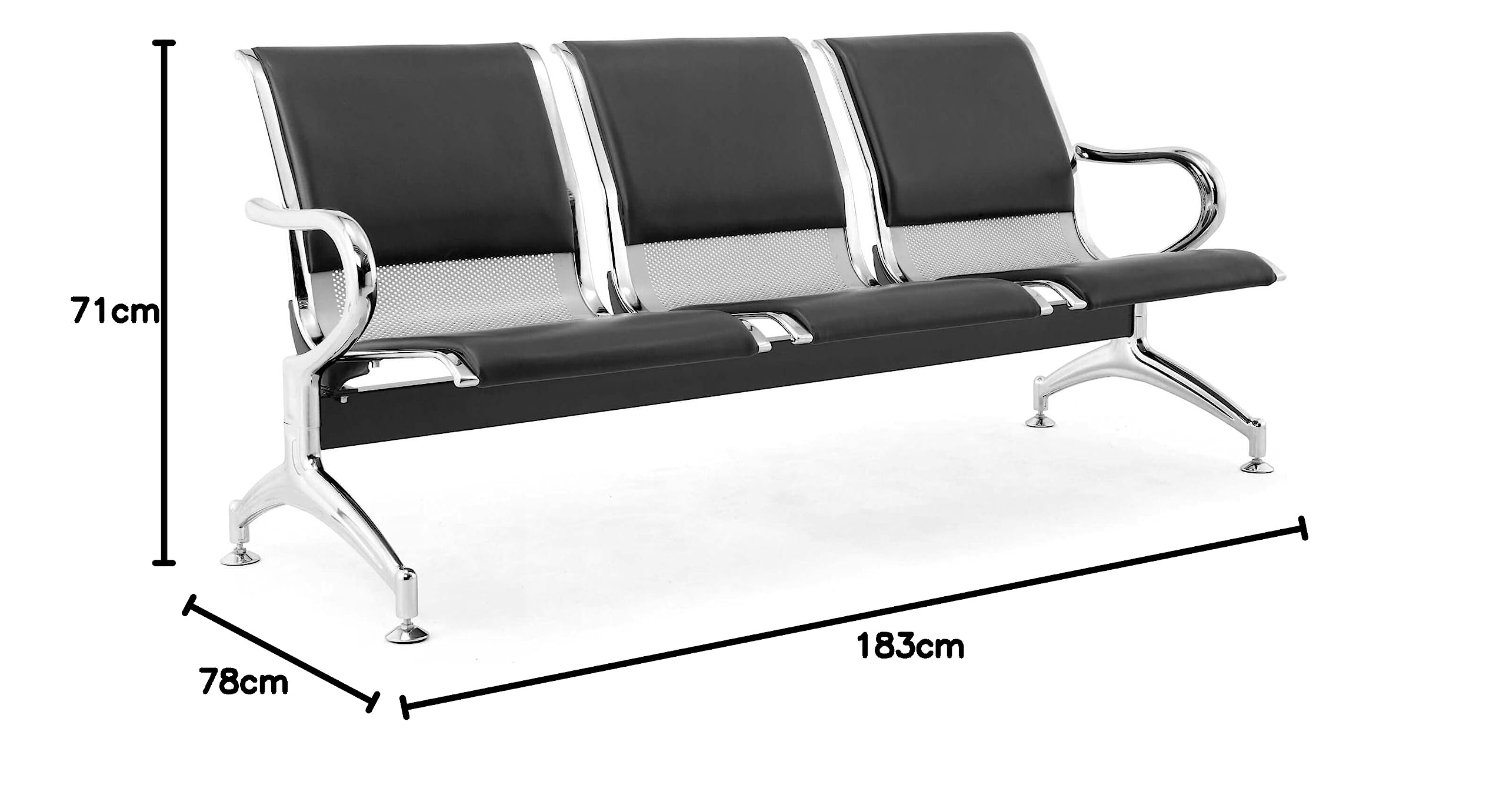 Banc 3 places acier 183x71x78H argenté pour salle d'attente | Avec coussin pour siège et dossier NOIR | Banc avec accoudoirs