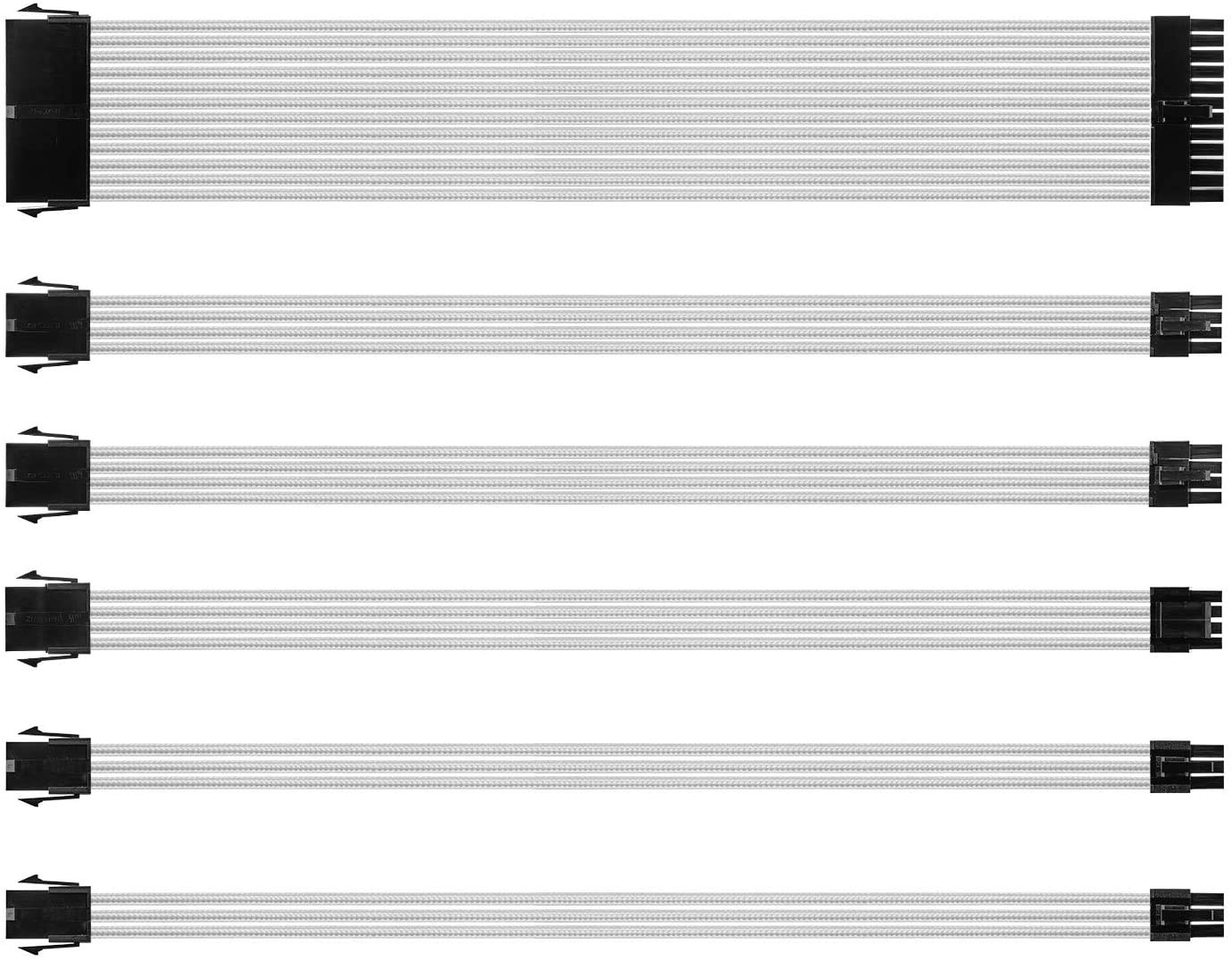 circe-euWhite Sleeved Cables PSU Extension Cable Kit with 30CM Sleeved 24-PIN 8-PIN 6-PIN 4+4-PIN for ATX Power Supply