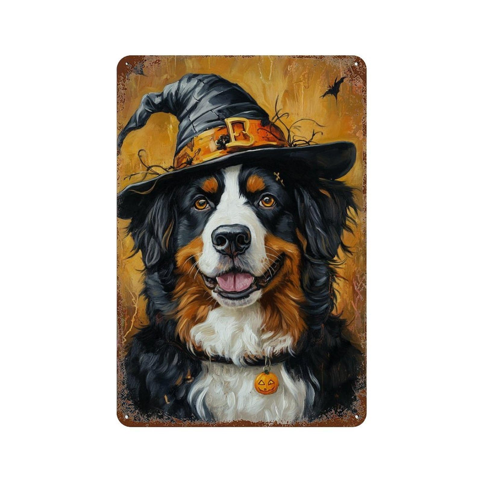 Rust Effect Halloween Witch Dog Decor Rustic Tin Plaque 11.8"x7.9", Shabby Chic Decor for Basement, Hobby Room And Garage Decor