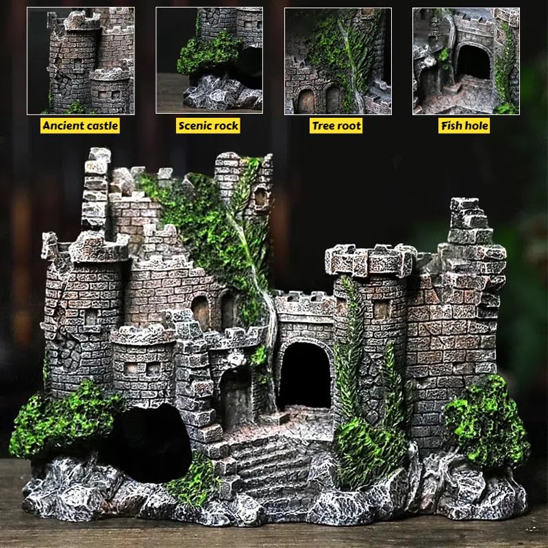 Image of Aquarium Resin Castle Decoration, Fish Tank Castle Decoration with Hideout & Swim-Through Tunnels, Resin Castle for Betta,Turtle,Shrimp & Small Fish, Ideal Hideouts Stone Cave Hide House
