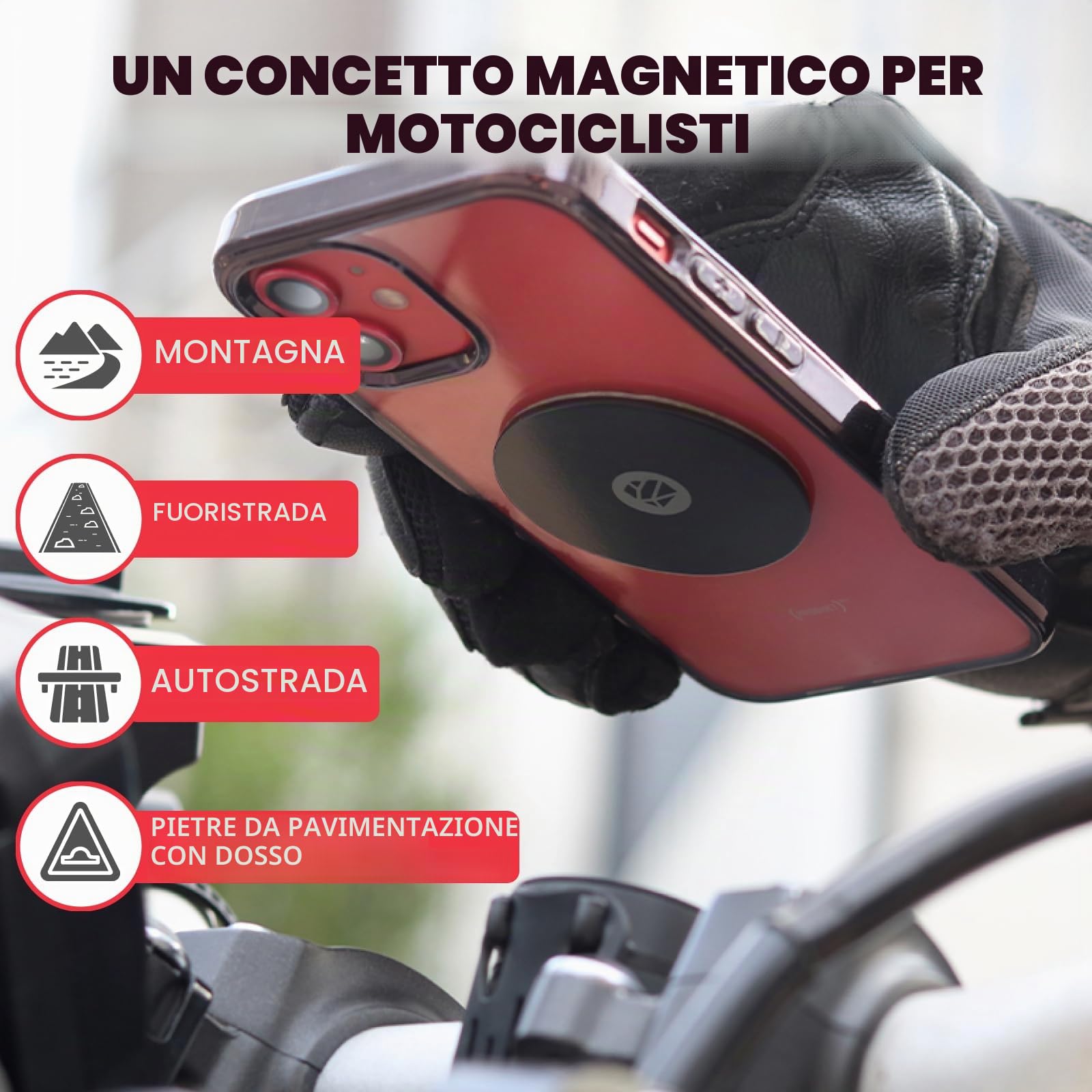 Shapeheart Innovazione francese, Portacellulare magnetico per moto con piastra in acciaio ultrasottile, Anti riflessione, Supporto per telefono per manubri o ponti di moto, Accessorio moto universale