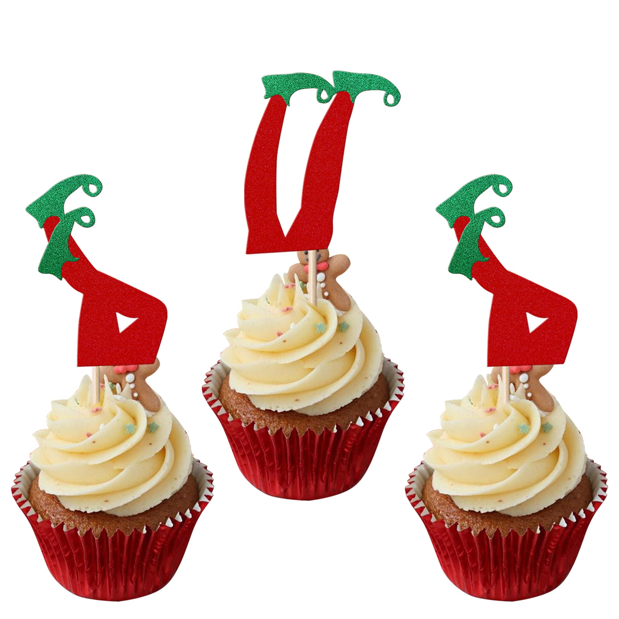 Xsstarmi 24 Pack Christmas Cupcake Toppers Glitter Merry Christmas Elf Legs Cupcake Picks for Elf Feet Winter Elves Theme New Year Holiday Baby Shower Party Cake Decoration Supplies
